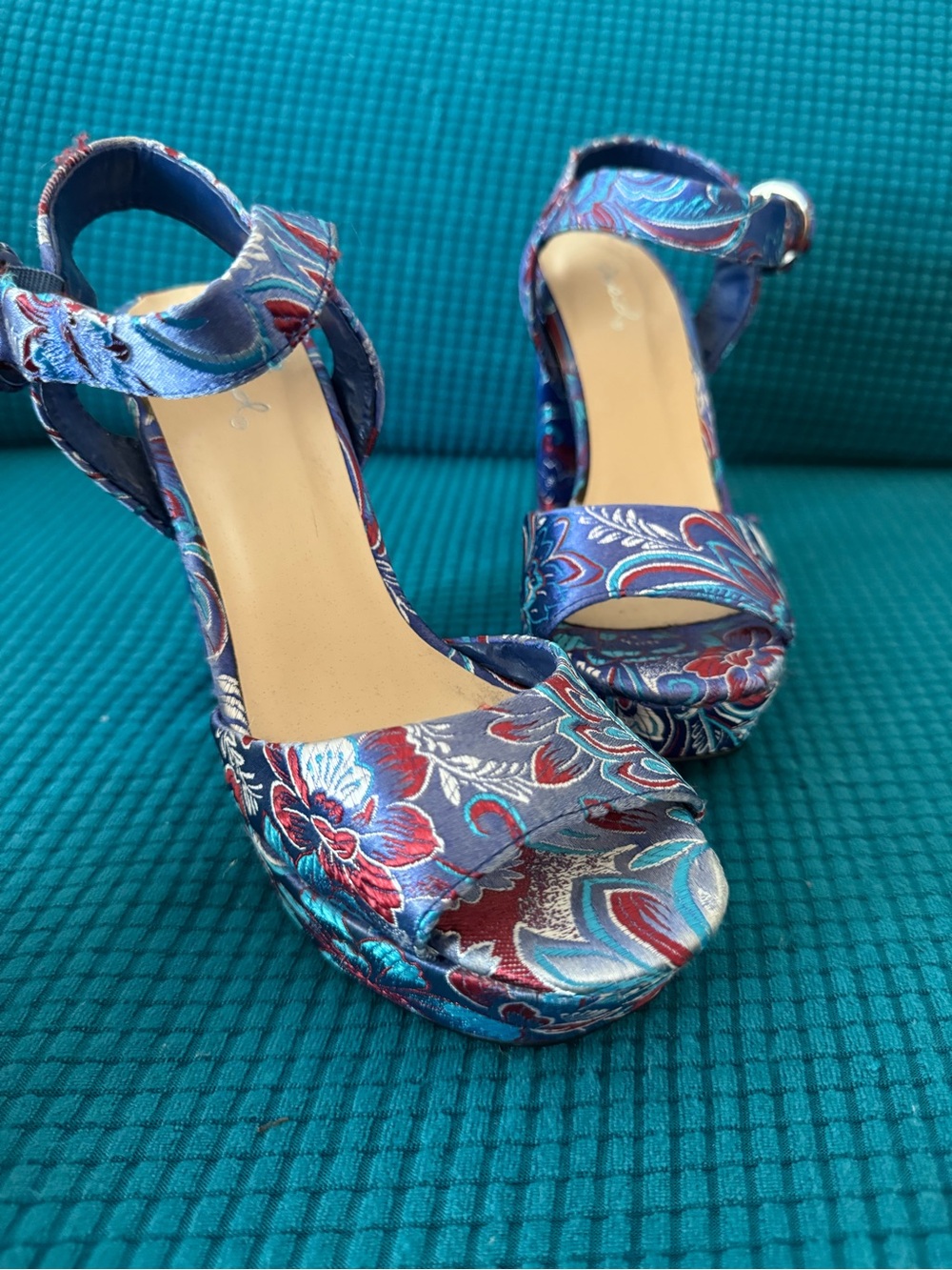 Blue Floral Brocade Platform Heels Ankle Strap Chunky Y2K